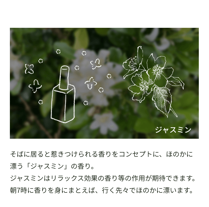 そばに居ると惹きつけられる香りをコンセプトに、ほのかに漂う「ジャスミン」の香り。ジャスミンはリラックス効果の香り等の作用が期待できます。朝7時に香りを身にまとえば、行く先々でほのかに漂います。