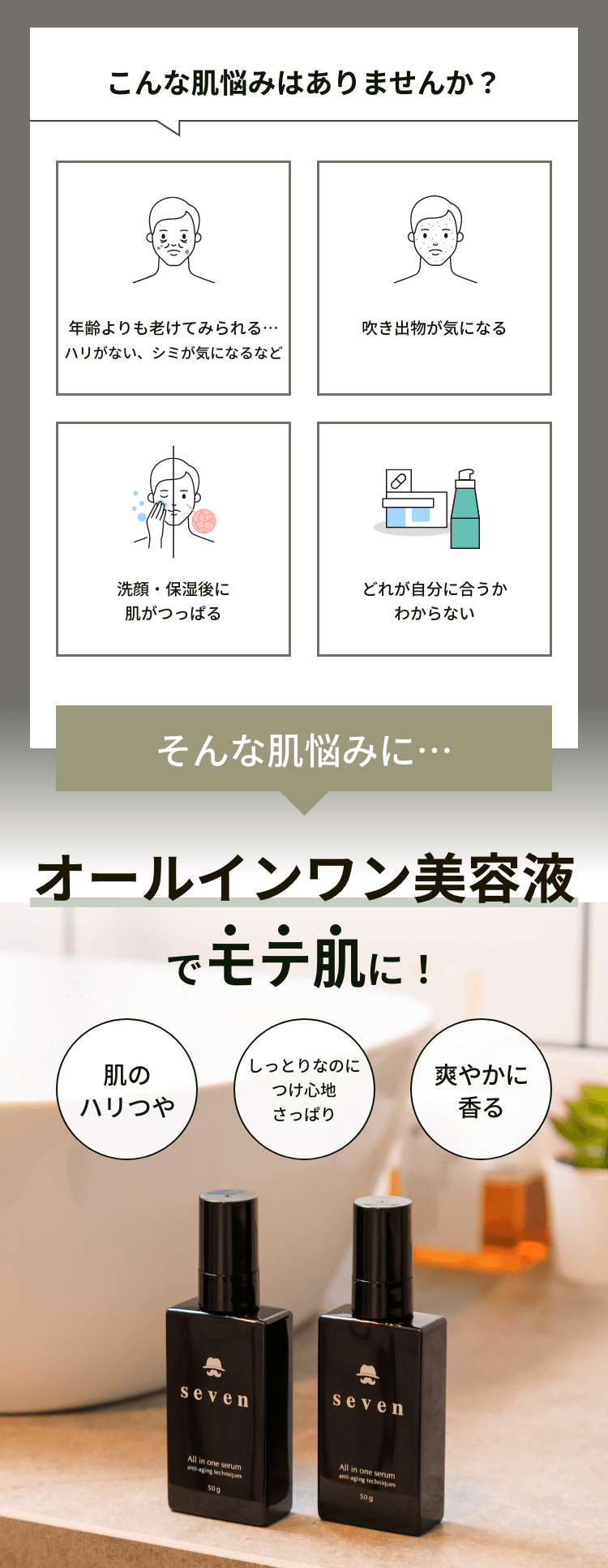 こんな肌悩みはありませんか？ 年齢よりも老けてみられる…ハリがない、シミが気になるなど 吹き出物が気になる 洗顔・保湿後に肌がつっぱる どれが自分に合うかわからない そんな肌悩みに… オールインワン美容液 でモテ肌に！ 肌のハリつや しっとりなのにつけ心地さっぱり 爽やかに香る