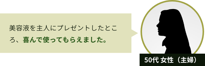 50代 女性（主婦） 美容液を主人にプレゼントしたところ、喜んで使ってもらえました。