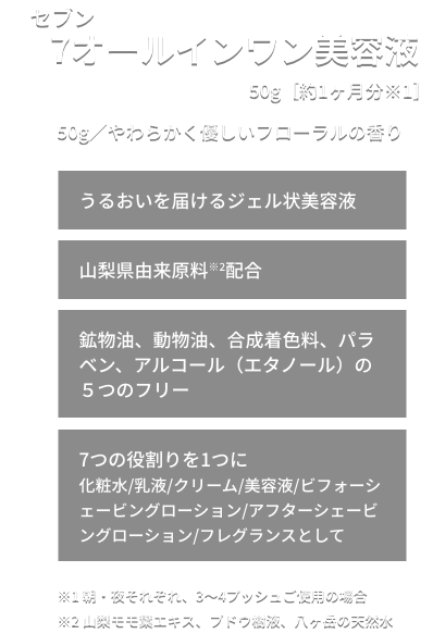 7オールインワン美容液 50g［約1ヶ月分※1］50g/やわらかく優しいフローラルの香り うるおいを届けるジェル状美容液 山梨県由来原料※2配合 鉱物油、動物油、合成着色料、パラベン、アルコール（エタノール）の５つのフリー 7つの役割りを1つに 化粧水/乳液/クリーム/美容液/ビフォーシェービングローション/アフターシェービングローション/フレグランスとして ※1 朝・夜それぞれ、3〜4プッシュご使用の場合 ※2 山梨モモ葉エキス、ブドウ樹液、八ヶ岳の天然水